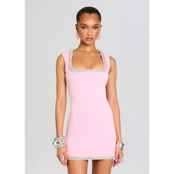 NWT 598 Retrofete Bexley Beaded Crystal Pink Mini Dress Embellished Large - Picture 13 of 14